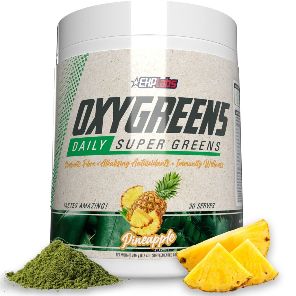EHP Labs OxyGreens Super Greens Powder - Spirulina & Chlorella Superfood, Green Juice Powder & Greens Lisäravinteet prebioottikuitua, antioksidantteja ja immuniteetin tuki, 30 tarjoilua (Pineapple)