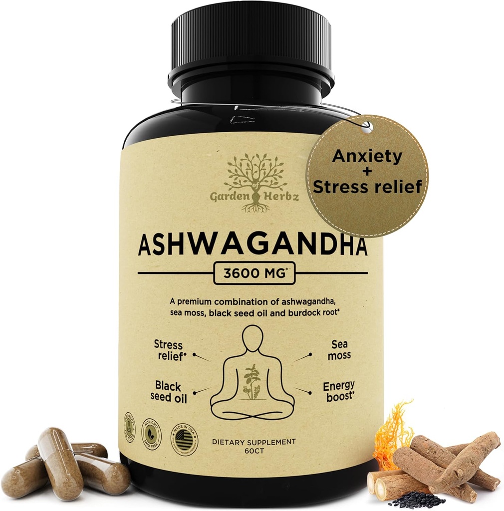 Organic Ashwagandha Root & Irish Sea Moss 3,600 mg Ashwagandha täydentää musta siemenöljyä, & Burdock juuria . Kasviperäisten täydentää energiaa, stressiä lievittää, extra vahvuus, 60 Caps