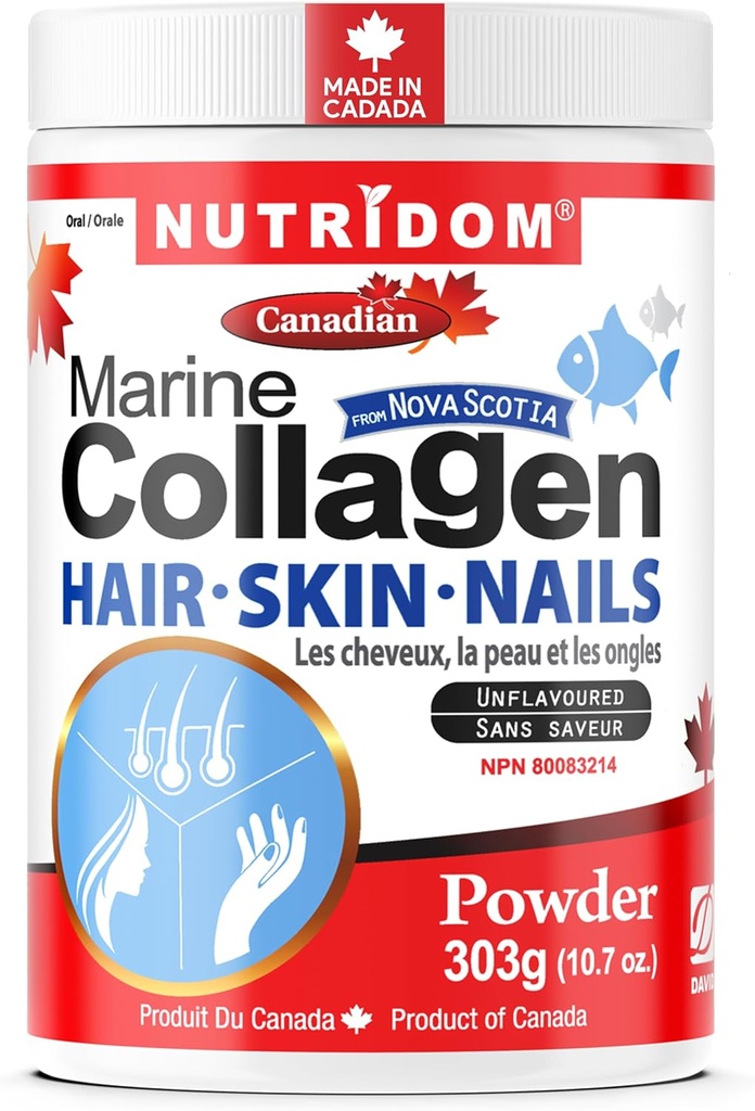 Nutridom Hydrolyzed Marine Collagen Peptides Powder, Wild-Caught from Nova-Scotia, Tukee hiuksia, ihoa ja kynsiä, ei GMO:ita, Gluteenittomia, soijaa ja maitotuotteita (330 g)