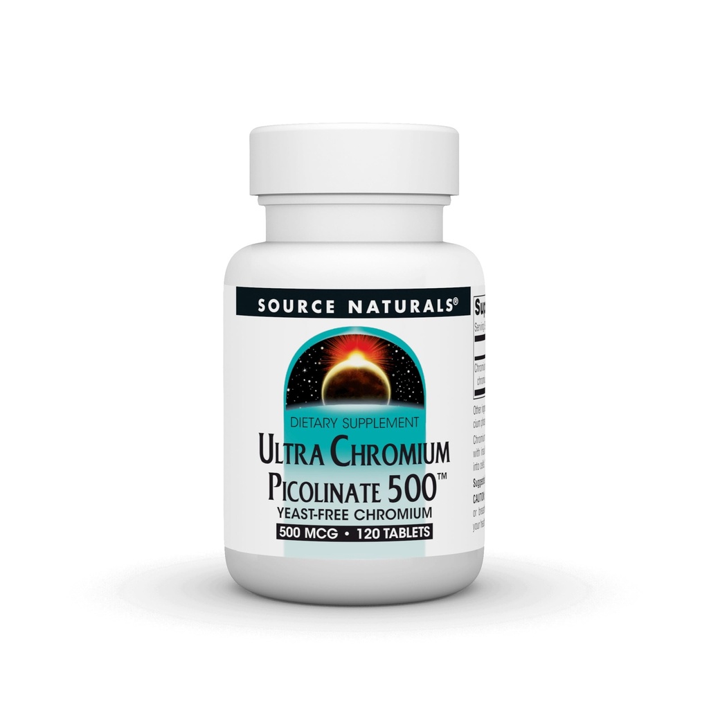Source Naturals Ultra Kromi Picolinate 500 Hiiva-Free Chromium, Kasvissyöjä Ravintolisä, 500 mikrog - 120 tablettia