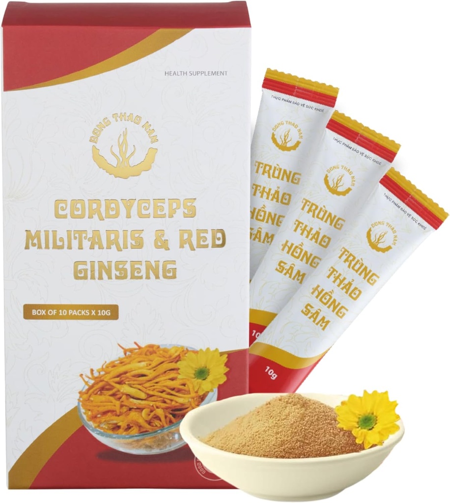 Dong Thao NAM - Organic Red Ginseng och Cordyceps Powder, 6 i 1 Herbal Extract, Ökar Alertness, Ökar energi och minskar trötthet, koffeinfri, paket med 10