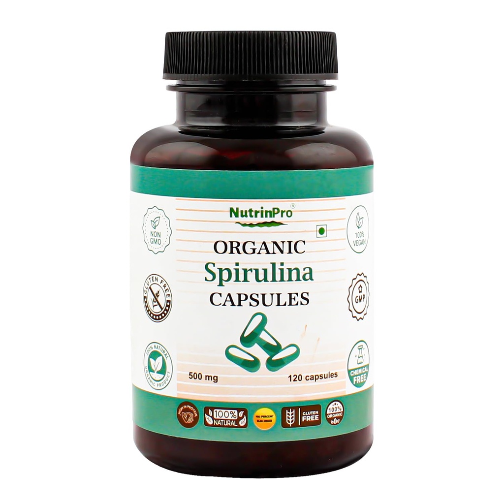 USDA Organic Spirulina kapselit - 100% puhdas vegaaninen täydennysosa, ei-GMO, gluteeniton, kemikaalivapaa (120)