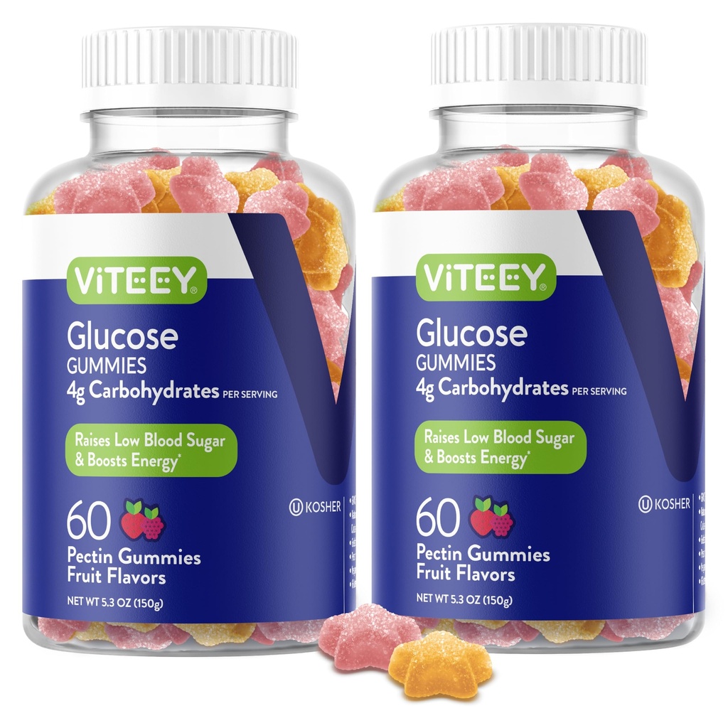 Viteey Glucose Gummies - 4g kolhydrater - Fast Acting Alternative to Glucose Tablets - Energy and Blood Sugar Support - Vegan, Gluten Free, Gelatin Free - 120 Count