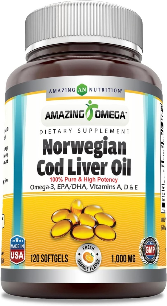 Amazing Omega Norwegian Cod Liver Oil (Omega-3, EPA/DHA) Supplement 