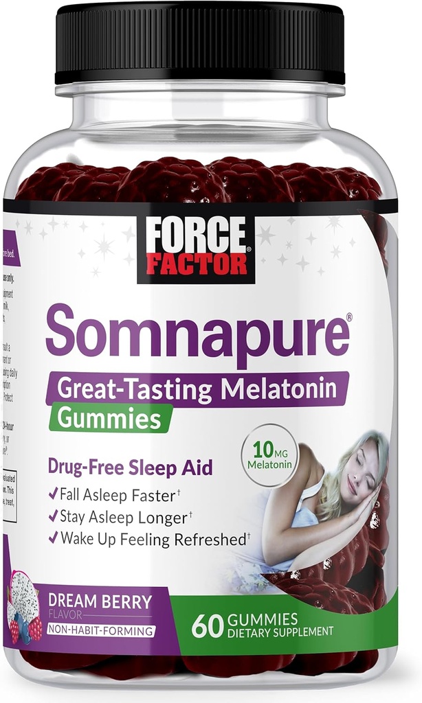 FORCE FACTOR Somnapure Gummies melatoniini 10 mg aikuisille, Non-Habit-Forming, Natural Sleep Aid for Deep Sleep, Pidempi, Herätys Päivitetty, Dream Berry Flavor, 60 Count (Pack of 1)