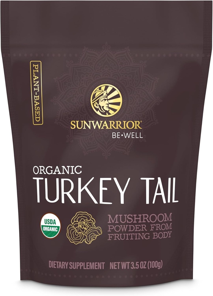 Sunwarrior Organic Turkey Tail Mushroom Powder | Turkiet Mushroom Immune Support | Microbiome Gut Health Support | 50 Servings 100g Pouch | Var bra