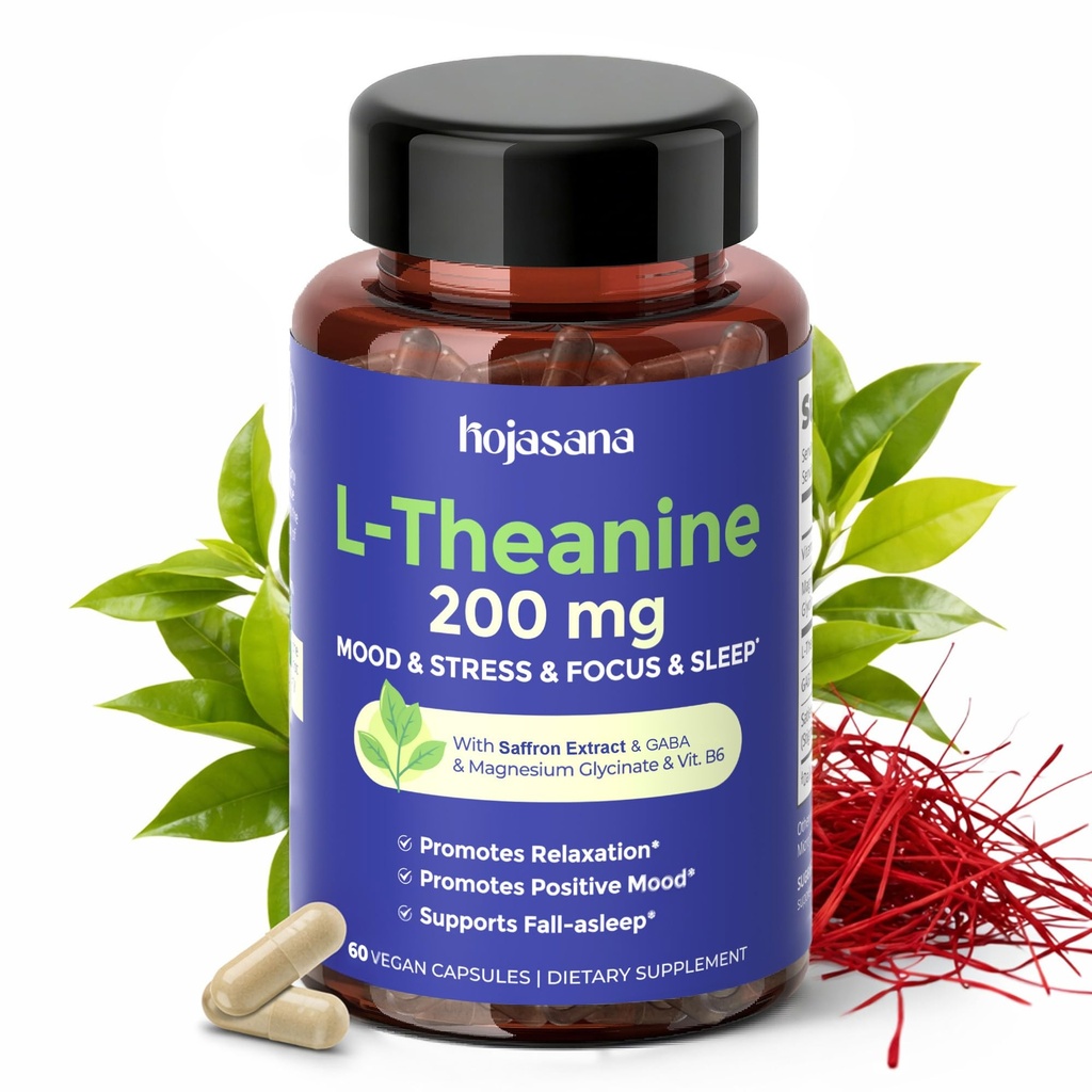 L Theanine 200 mg saffronilla, GABAlla, magnesiumglusinaatilla ja B6-vitamiinilla L-Theaniinilisällä Advanced Complex Formula for Mielialan rentoutumista ja stressiä lievittävää & unitukea, 60 vegan kapselia