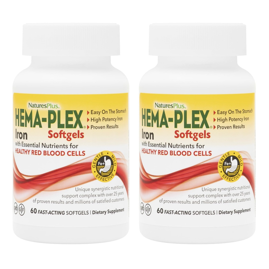 NaturesPlus Hema-Plex Iron - 60 Fast-Acting Softgels - 2 Pack - 85 mg Iron + Vitamin C & Bioflavonoider för friska röda blodceller - Vegan, Gluten Free - 40 Totalt portioner