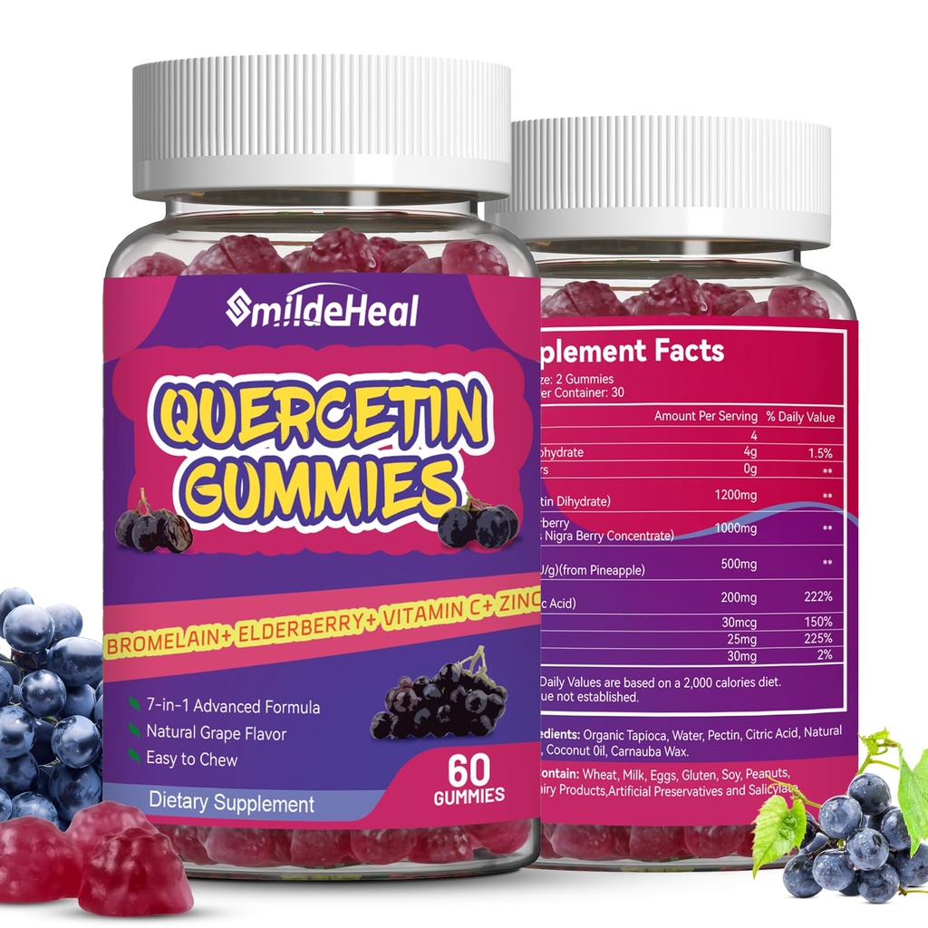 2 pakkausta Quercetin Gummies 1200MG, Quercetin Gumies bromelaiini, Sinkki C-vitamiini, immuunijärjestelmän vegaaninen Gummy for Adult & Kid, 120 vegan