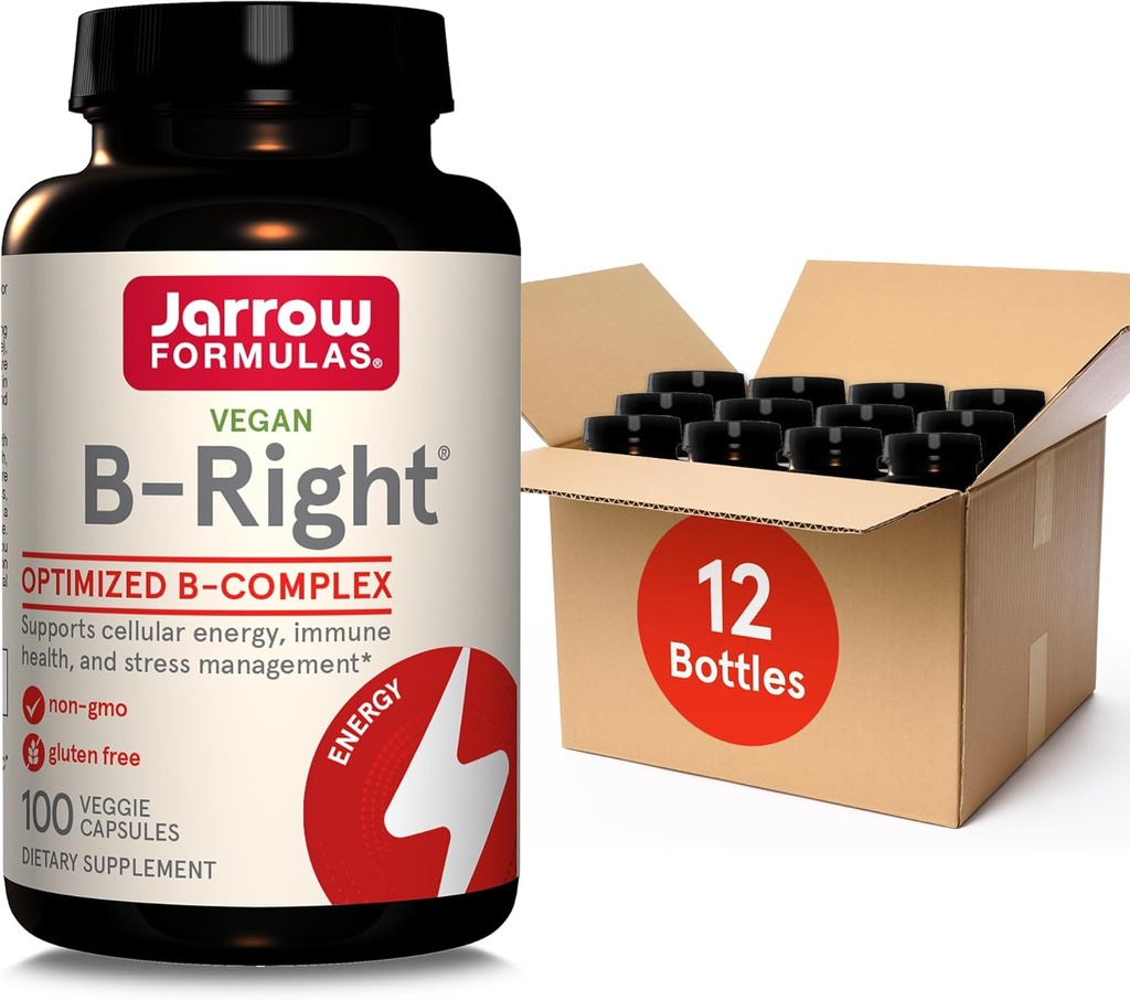 Jarow Formula B-Right,Optimized B Complex featuring Vit B1,B2,B5,B6,B12 ja B9 tukea solujen energia,Immuunien terveys ja stressin hallinta,100 Kasvien Caps, ylös 100 päivän tarjonta, pakkaus 12