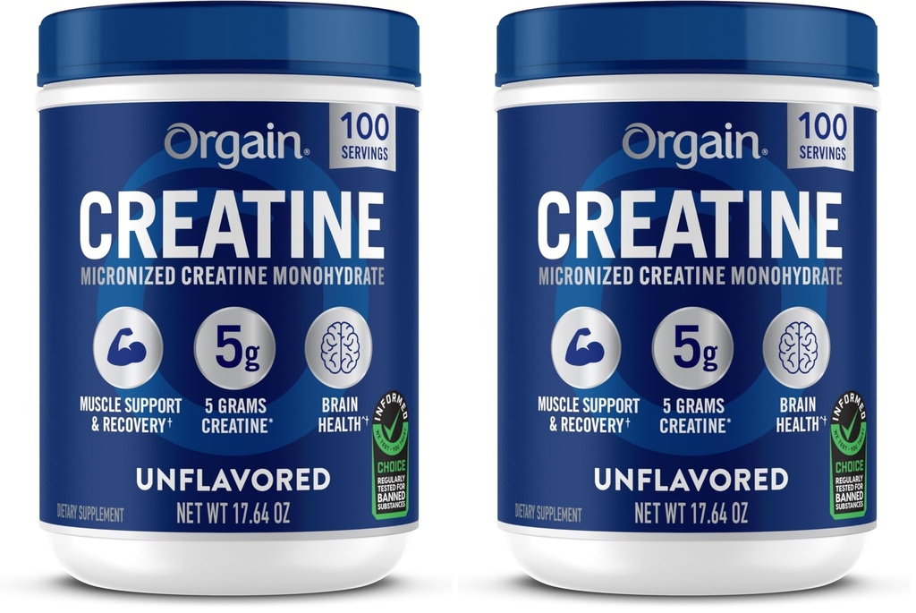 Orgain Creatiini Monohydraatti Micronized Powder,100 tarjoilut, Ei makua,Tukee lihasten kasvua,Post Treout Recovery ja aivojen terveys,ei keinotekoisia lisäaineita, miehille & naisille, Vegaani,(Pakkaus 2)