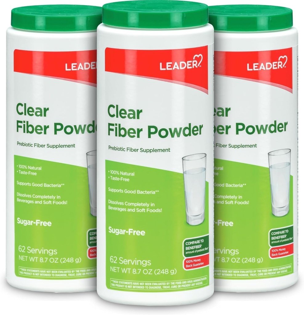 LEADER Prebiotic Fiber Supplement Powder, 186 Servings, 100% Natural Wheat Dextrin Daily Fiber Powder för Digestive Health, Sugar-Free, Clear & Taste-Free, Gluten Free, Unflavored, 8.7 OZ, (3 Pack)