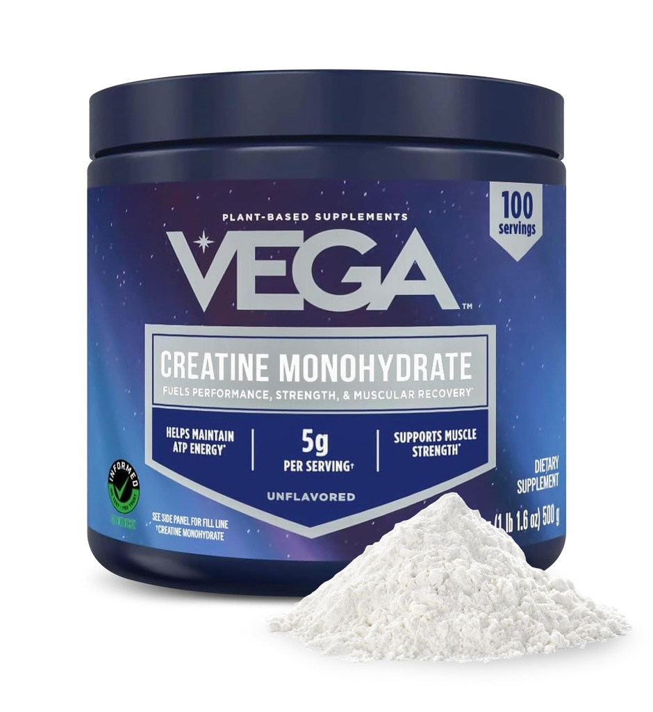 Vega Micronized Creatine Monohydraatti Powder, makuamaton ... 5g puhdas vegaaninen Creatine miehille & naisille, vahvuus, suorituskyky & lihasten kasvu, 100 tarjoilua (17,6 oz)