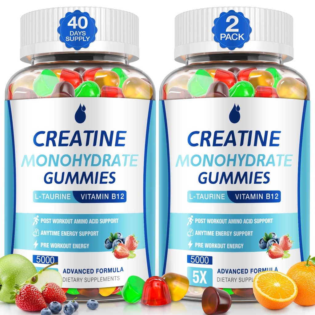 Creatiini Gummies miesten ja naisten - Creatiini Monohydraatti Gummies 5g, Lihas Builder, Energy Boost & Pre-Workout täydennysosa, alhainen sokeri Tauriini purukumi 2 pakkaus