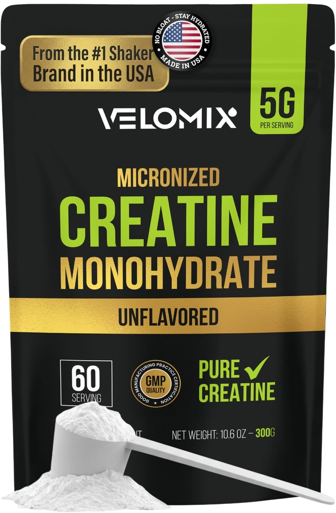 VELOMIX Micronized Kreatinmonohydratpulver - 100% ren kreatinpulver osmakad och lätt att blanda | Stöder muskeltillväxt, återhämtning och styrka | 5000mg per serv (5g) - 60 portioner