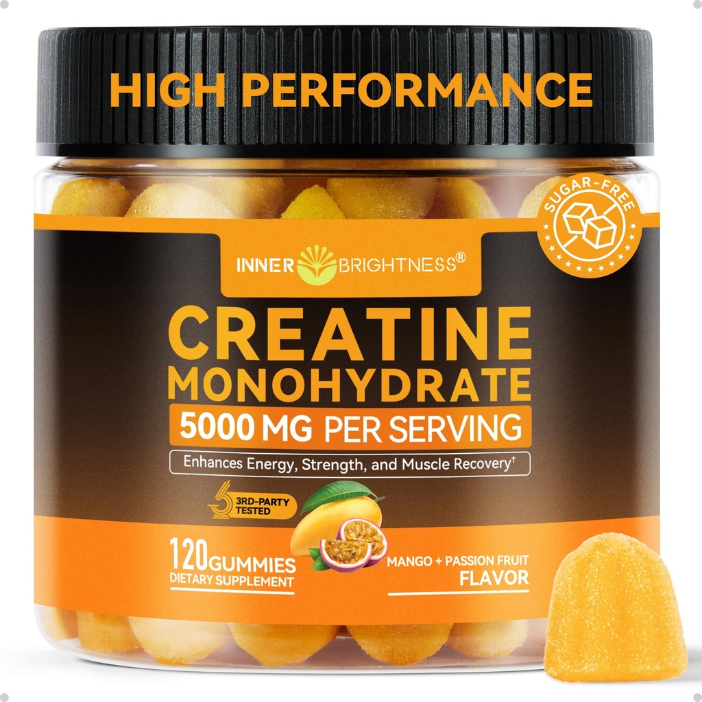 Inre ljushet Kreatinmonohydrat Gummies för män och kvinnor 5000 mg, 3rd Party Tested, Kreatin Chews för muskeltillväxt, styrka och energistöd, sockerfri, Vegan, 120 greve, Mango Passionfruit