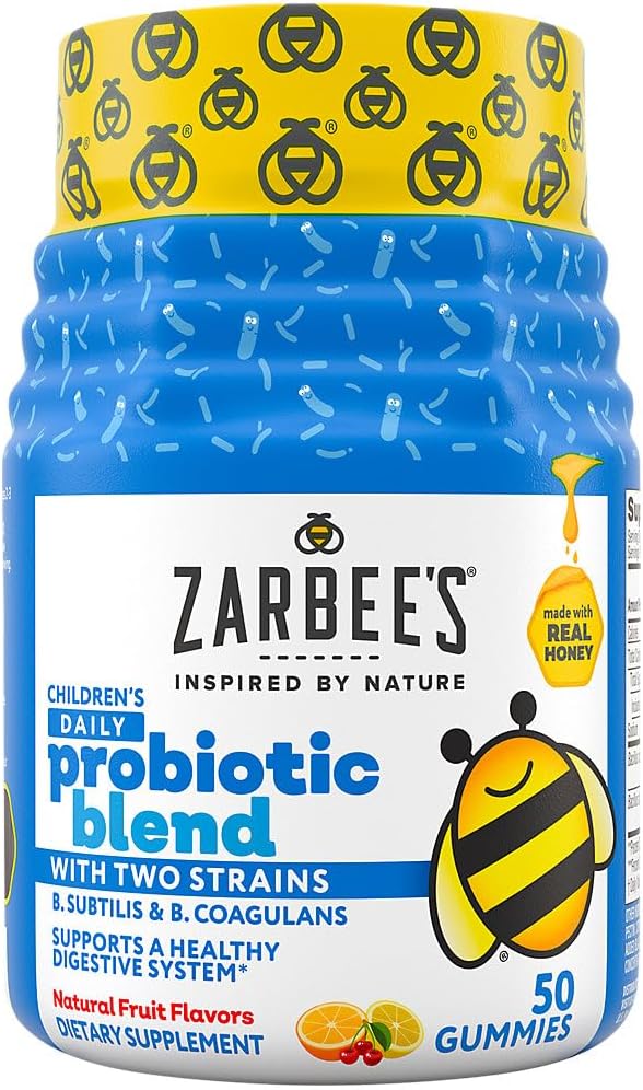 Zarbee's Kid's Daily Probiootti Blend Gummies 2 kanta Ruoansulatuskanavan tuki; Helppo pureskella; Gluteeniton & huumeeton; Ikä 2+; Luonnollinen hedelmät makuja; 50 kreivi