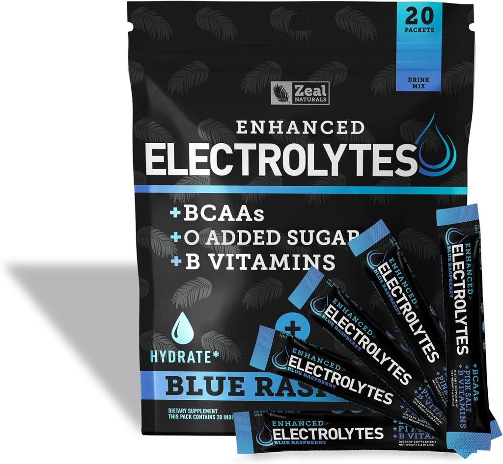 Förbättrade Electrolyte Powder Stick Packs (Blue Raspberry | 20 Packets) w / 0 Sugar +BCAAs +B-Vitamins Electrolyte Supplement w Potassium Zinc & Magnesium för Hydration - Keto Electrolytes