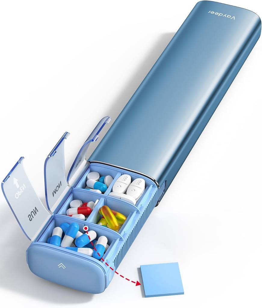 Vaydeer 7 Day Weekly Pill Organizer (Tuki 2 Kertaa päivässä), Metalli Matka pilleri tapauksessa, suuri kapasiteetti Päivittäinen söpö pilleri laatikko täydentää, pillereitä, vitamiineja ja lääkkeitä (sininen)