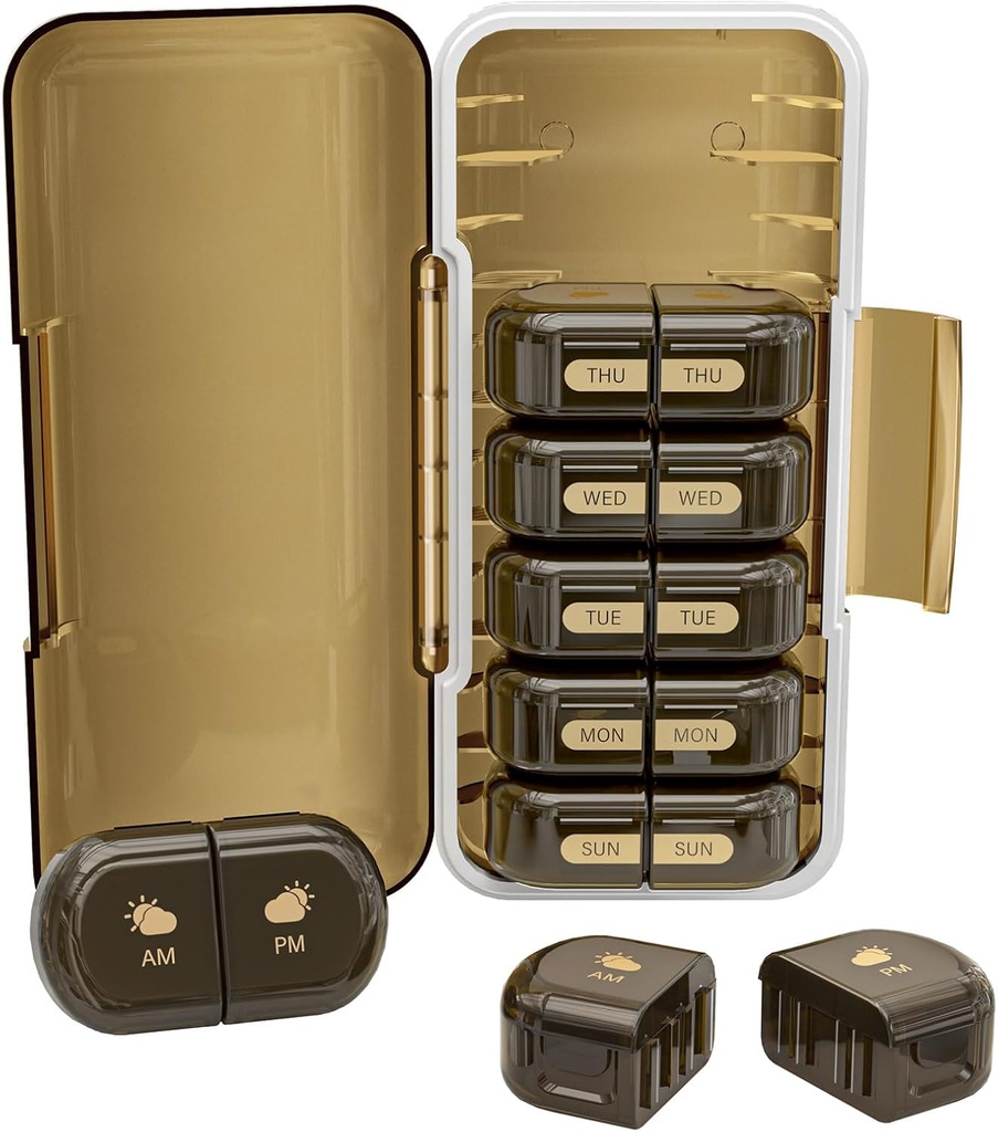 Viikottainen pilleri Organizer 2 Kertaa päivässä, Kosteus-Proof, Irrotettavat Osastot, AM PM Pill Box 2X 7 Päivä, Matkapilleri Järjestäjä pillereille / Fish Oil / Lääkkeet / Vitamin / Supplements (Brown)