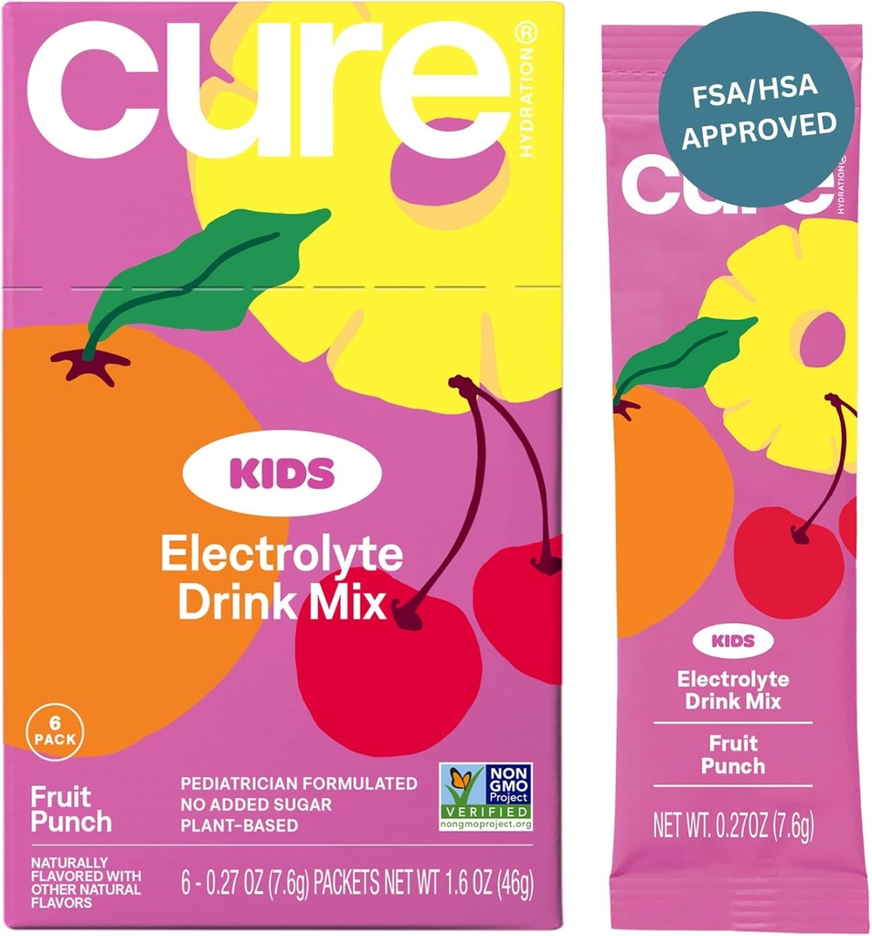 Cure Hydration - Barn Electrolyte Drink Mix | Plant-Based Pediatrician Formulerad Rehydrering | No Added Sugar, FSA-HSA, Non-GMO, Gluten-Free, No Artificial Flavors | Box of 6 Packets - Fruit Punch