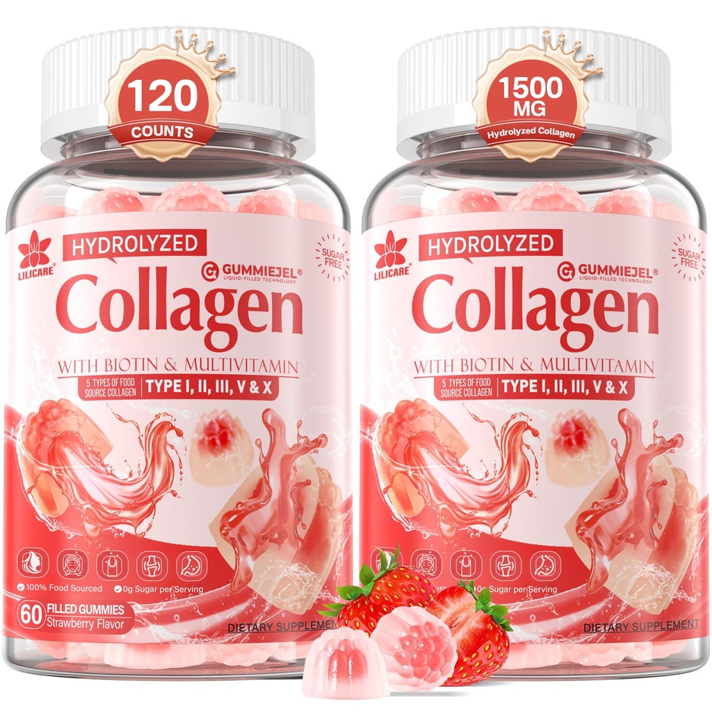 2Pack Sokeriton Hydrolysoitu Collagen Peptide täytetyt Gummies for Women & Men, 1500 mg proteiini tyyppi I, II, III, V, X, 5000 mcg Biotiini C-vitamiini E D3 B6 B12 varten Immuunin digestio ihon hiuskynnet, luu