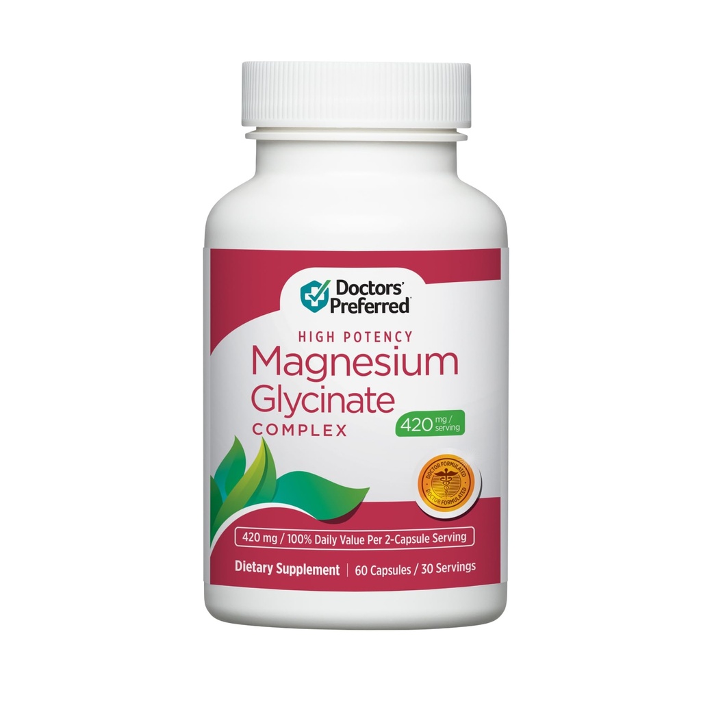 DOCTORS PREFERRED High Potency Magnesium Glycinate Complex-Doctor-Developed Formel för hjärthälsa, humörstöd och mer | 420 mg per portion | 30-dagars leverans