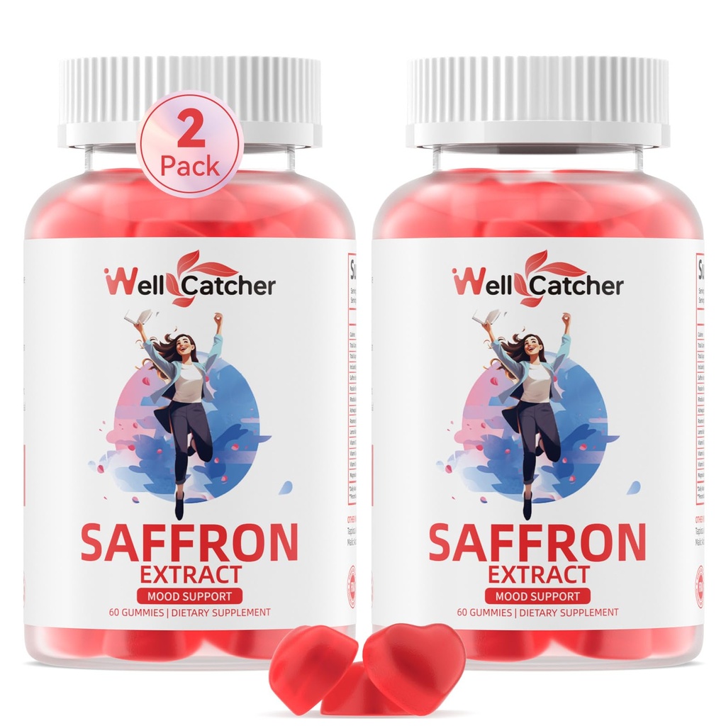 Saffron Gummies aikuisille Lapset - Organic Saffron Extract täydennysosa miehille Naisten sokeri Ilmainen mielialan tasapaino tuki Parempi uni aineenvaihdunta vitamiinit Non GMO Mansikka maku 60 päivää tarjonta