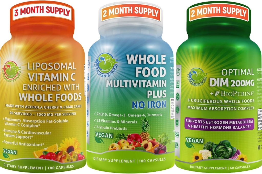 SUPPLEMENTS STUDIO Vegan Immune, Energy & Hormone Support Bundle för män och kvinnor - Vegan Whole Food Multivitamin utan järn + Liposomal Vitamin C 1500mg + Optimal DIM 200mg med BioPerine®