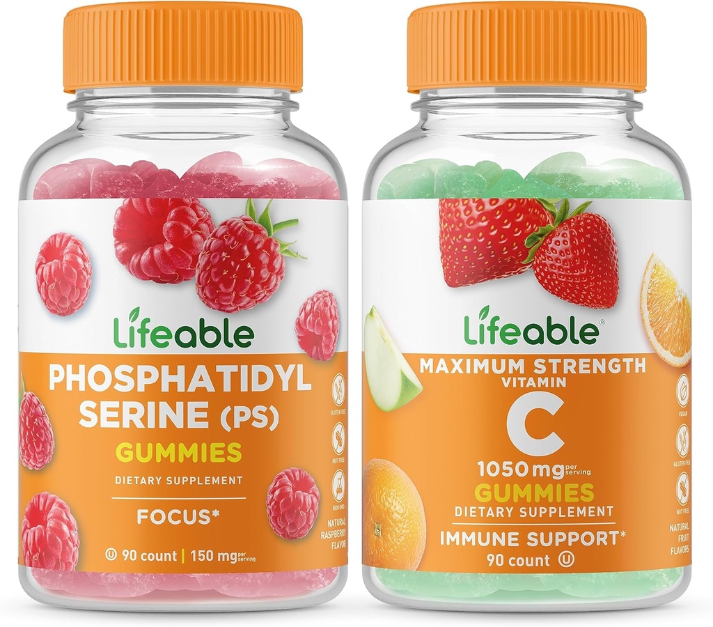 Livlig fosfatidylserin (PS) + Vitamin C 1050mg, Gummies Bundle - Stor smak, vitamintillskott, Gluten Free, GMO Free, Chewable Gummy