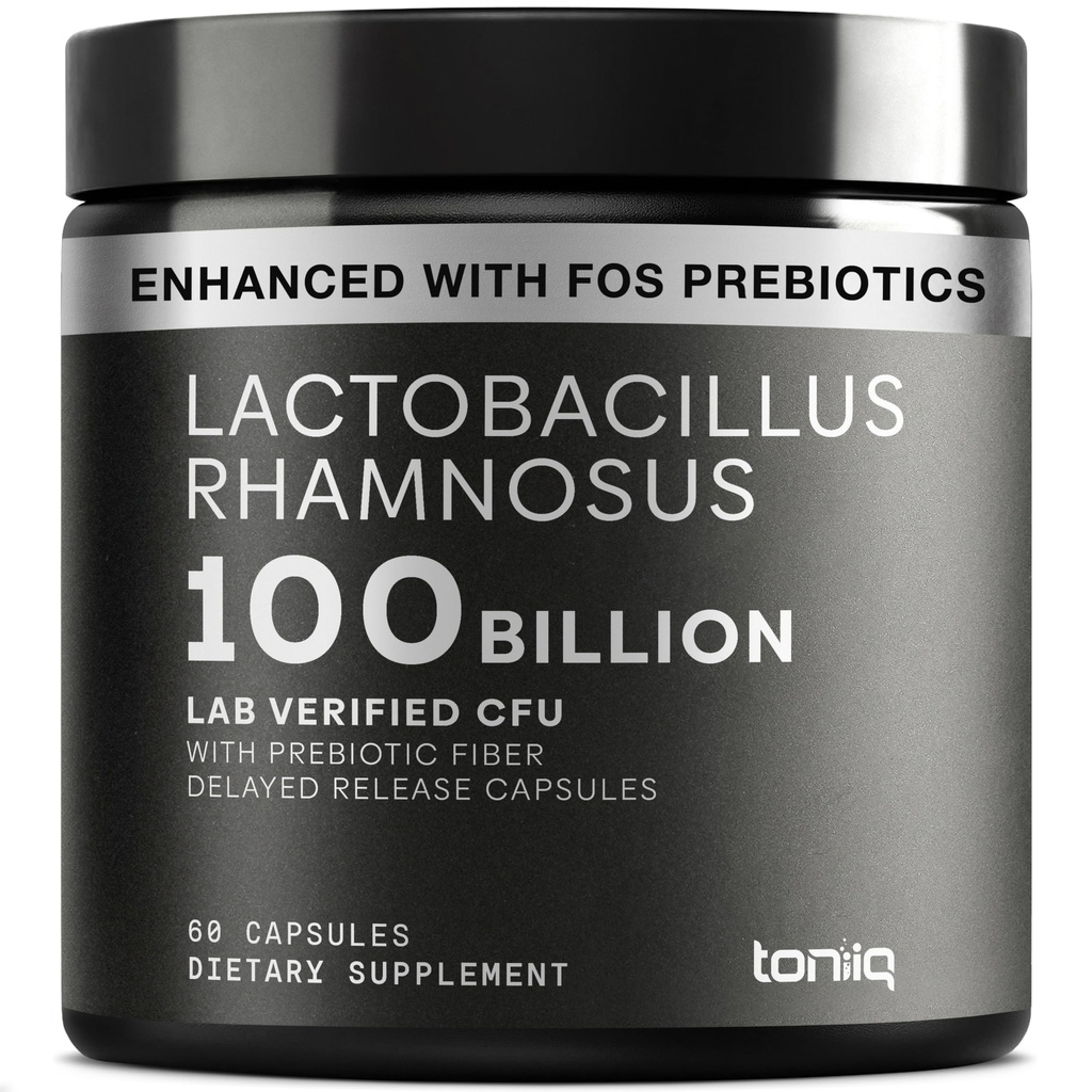 Toniiq Lactobacillus Rhamnosus - Ultra High Strength 100B CFU med prebiotiska FOS - Fördröjda frisättningskapslar - Tredjepartslabb Testade - 60 kapslar