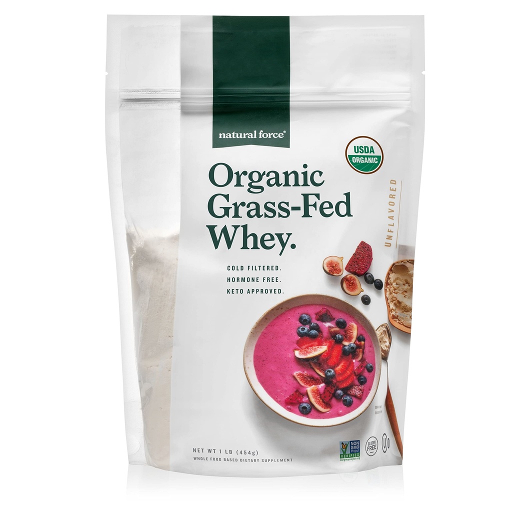 Natural Force Grass Fed Organic Whey Protein Powder - Non GMO, Keto Friendly, Low Carb, Kosher - Lab Testad för gifter - Pure & Unflavored - 16 oz.