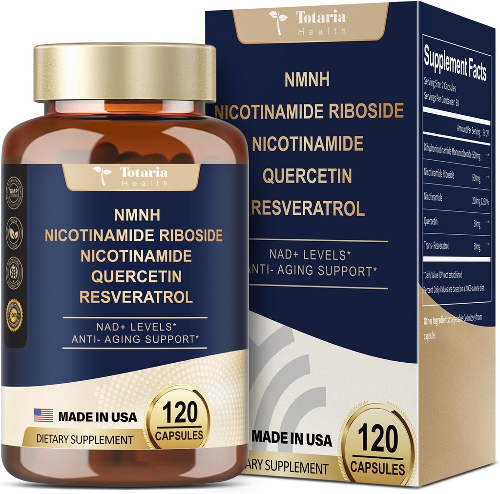 Totaria NMNH (Dihydronikotinamidi Mononukleotidi), NMNH-lisä w/Niasiiniamidi (Vitamin B3), Quercetin, Trans- Resveratrol, tuki NAD+, ihosolujen terveys*, anti-aging & energia, 120 kapselia