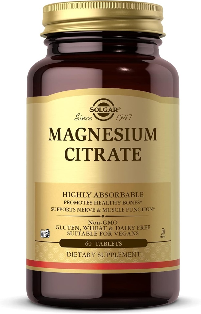 Solgar Magnesium Citrate - 60 tabletter - Främjar hälsosamma ben, stöder nerv- och muskelfunktion - mycket absorberbara - icke-GMO, Vegan, Gluten Free, Kosher - 30 portioner
