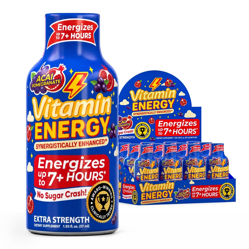 B12-vitamiini 11 000% Extra Strength Energy Shot Açaí Pomegranate 12 Pack, 260 mg Natural Cofeine, B12 & B6, Nootropic Focus, elinkyky, nollasokeri, Gluteeniton, Vegan, Kosher, 1,93 fl oz