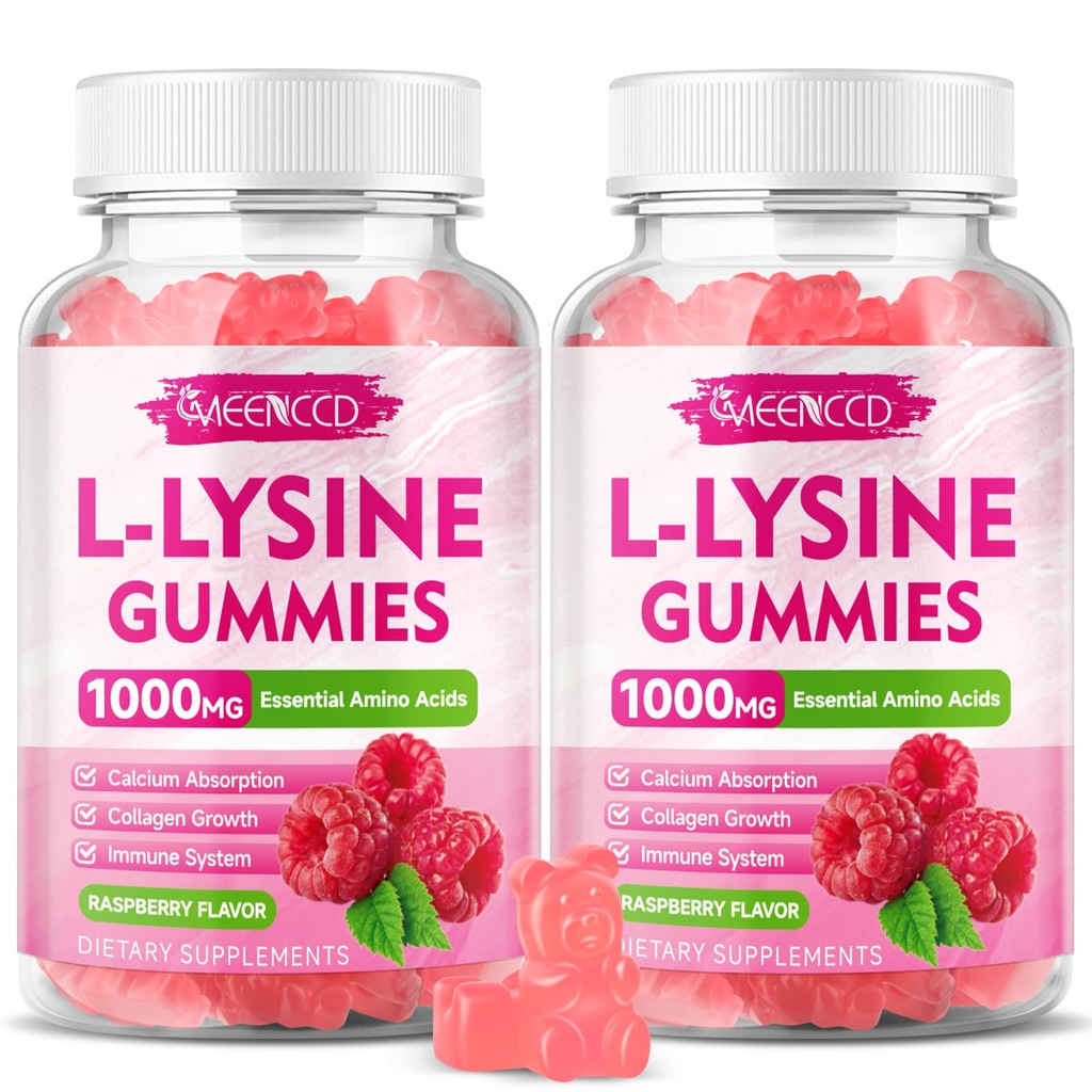 2 pakkaus L-Lysine 1000 mg Gummies, Lysiini täydentää aikuisille ja lapsille, Essential Amino Acid for Lips & Oral Health, Boost Immuuni & Collagen & Kalsium, sokeriton, Vadelma maku, 120