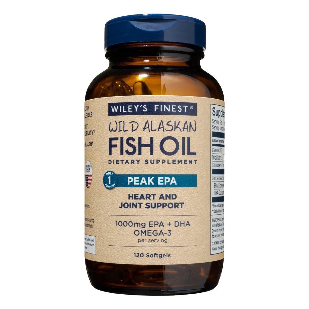 Wiley's Finest Wild Alaskan Fish Oil Peak EPA - Triple Strength Peak EPA & DHA täydennysosa - 1000mg Fish Oil - Omega-3s yhteiseen terveystukeen - 120 Softgels (120 Servings)