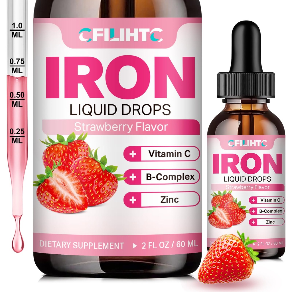 Flytande järntillskott för kvinnor män och barn multivitamin järn droppar med folat, vitamin C, B6, B12, Zink för anemi, järnbrist, blodbyggare, energi - naturlig jordgubbsmak, Vegan 2 Fl Oz
