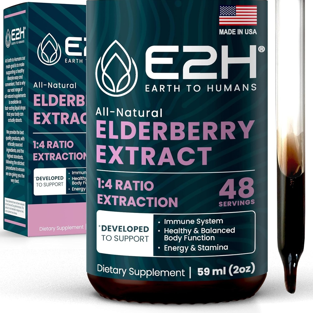E2H Elderberry Syrup - Powerfull Antioxidants Supplement of Organic Elderberry Extract - Sambucus Elderberry Syrup for Kids & Adults for Immunosupport - non-GMO, Vegan - 2 Fl Oz