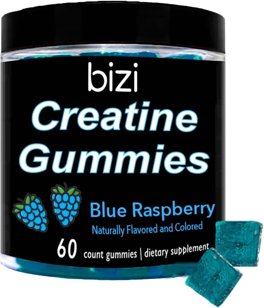 Bizi Creatine Gumys for Men & Women - 1g Creatine Monohydraatti per Gummy - Watermelon Flavor - Treenaus, lihasten kasvu, ja Recovery täydennysosa- Vegaani & Gluteeniton (60 ct) (Sininen Vadelma)