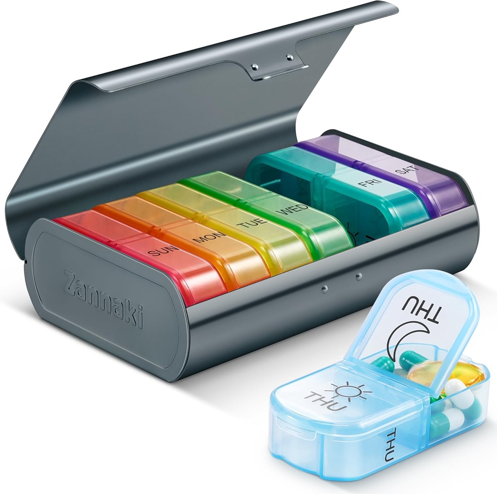 Zannaki Metal XL Weekly Pill Organizer 2 Kertaa päivässä, Suuri Matkustaa päivittäin pillerilaatikko 7 Päivä, Kannettava viikko Kahdesti pilleri säiliö, AM PM pilleri tapauksessa lääketieteen vitamiini lääkkeitä täydentää, Harmaa