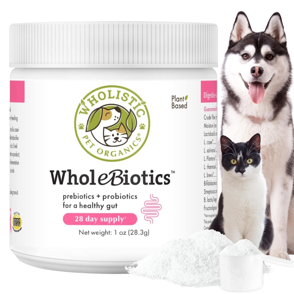 Whoulinen Lemmikki Organics WholeBiotics - Päivittäinen koira Probiootit Ruoansulatusterveys tuki & Immuuni Boost - 9 kanta - Prebiootit & Probiootit koirille & Kissat - Gut Health koirille - 1 Oz - 28 Scoops