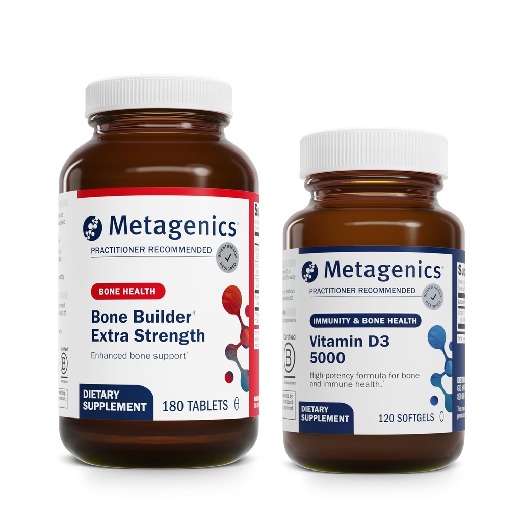 Metagenes Bundle - luunrakentaja Extra Strength & D3 500180 Bone Builder -tabletit* - 20 softgelia D3 5000:sta Immuuni- ja sydänterveyteen