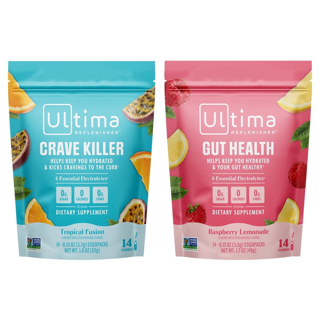 Ultima Replenisher Electrolyte Powder Drink Mix Bundle - Sugar Free - Crave Killer och Gut Health, 14 Stickpacks - 6 Electrolytes och mineraler - Keto Friendly, Vegan, Non-GMO