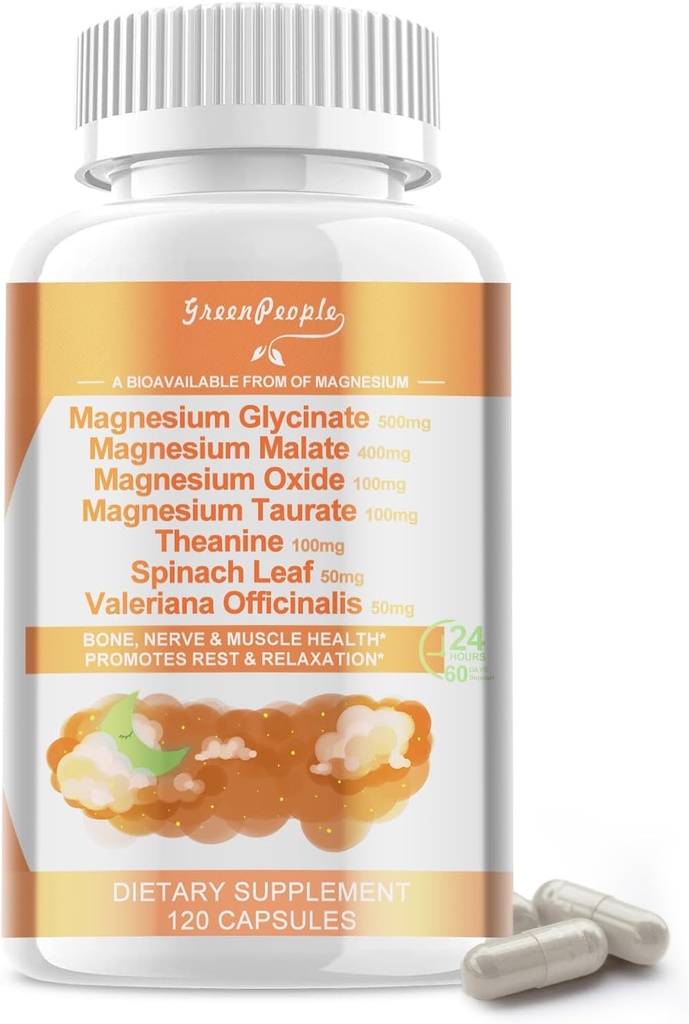 Magnesium Glycinate 500 mg/annos, jossa on malaattia, tauraaattia ja oksidia, magnesiumlisä lihaksille, luulle, nukkumiselle ja digestiolle, 120 vegan-kapselia, ei GMO:ita
