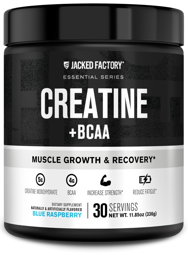 Jacked Factory Creatine + BCAAs - Creatiini Monohydraatti + BCAA Powder for increased post-workout Recovery, Performance, Lean Muscle Growth, & Lowed Väsymys - 30 Tarjoilut, Sininen Vadelma