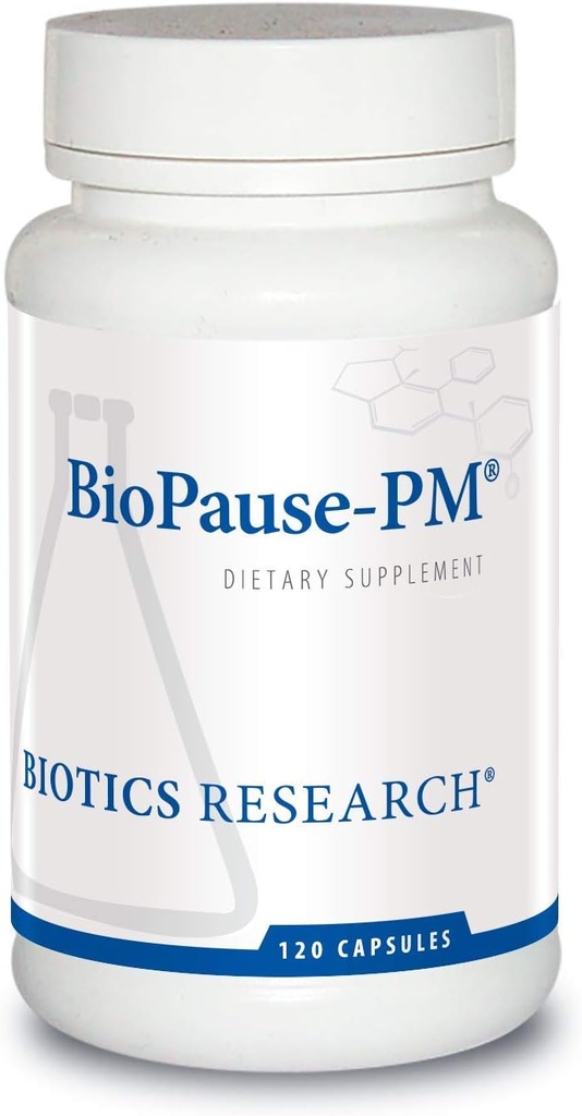 Biotics Tutkimus BioPause PM Yöaika Menopausal Tuki Hormonal Balance, Black Cohosh, Lemon Balm, Passionflower, Edistää rentoutumista ja rauhoittaa, Säätää Circadian Rhythms, Nukkua säännöllisesti 120Caps