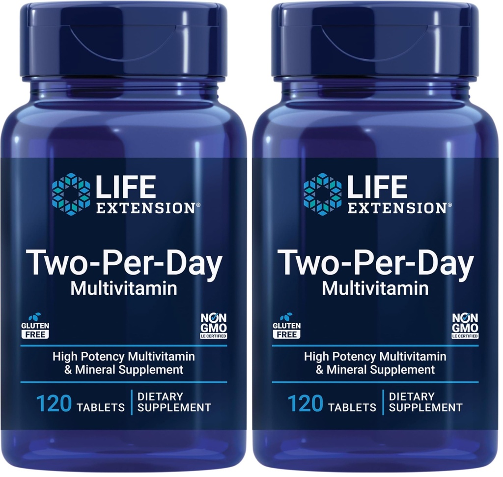 Life Extension Two Per-Day High Potency Multi Vitamin & Mineral Supplement - Vitamiinit, Minerals, Kasviuutteet, Quercetin, 5-MTHF Folaatti & More - Gluteeniton - 120 tablettia (pakkaus 2)