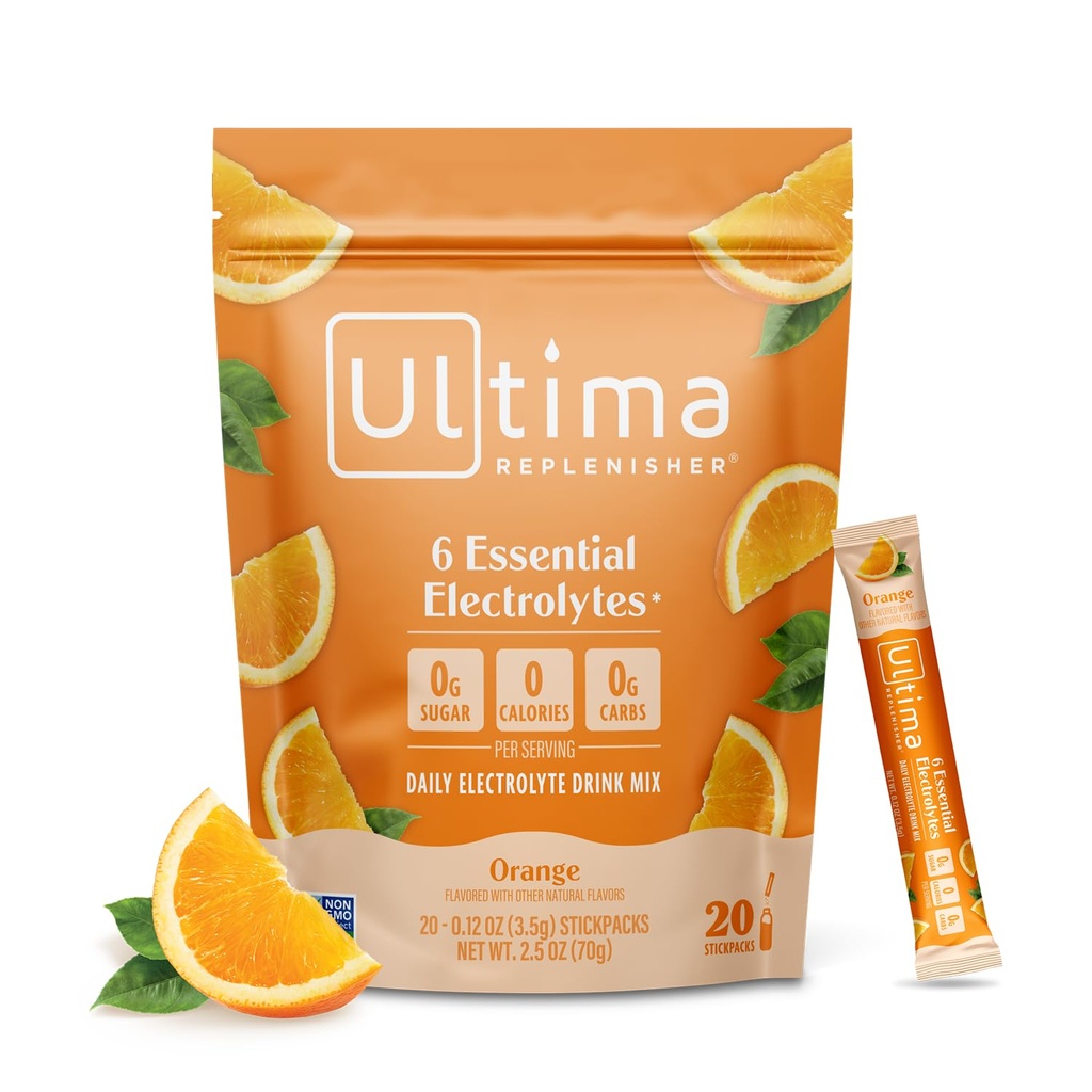 Ultima Replenisher Daily Electrolyte Powder Drink Mix -Sugar Free - Orange, 20 Stickpacks - Hydration Packets med 6 Key Electrolytes och Trace Minerals - Keto Friendly, Vegan, Non-GMO