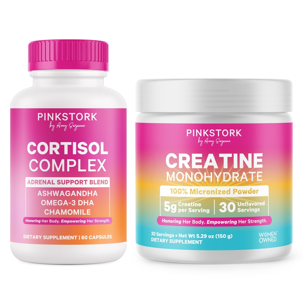 Pink Stork Stressi Support Lisäravinteet naisille Kortisol Complex Adaptogens & Creatiini Monohydraatti Powder 